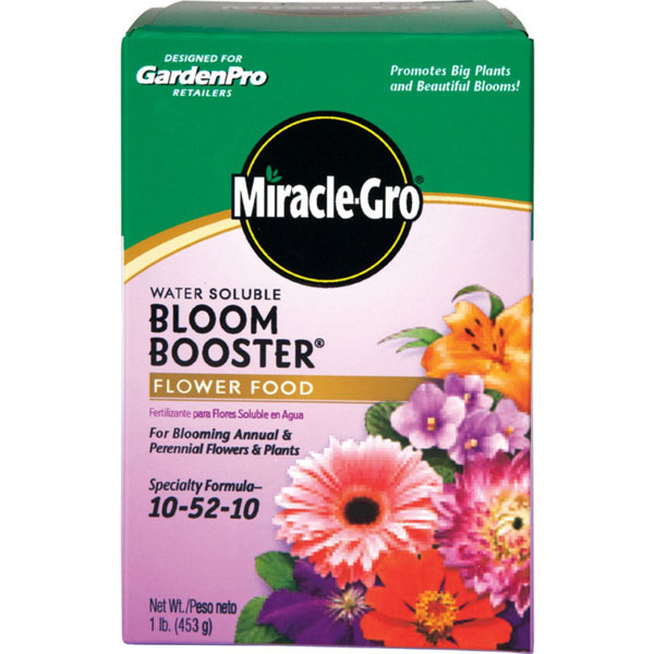 Miracle-Gro Water Soluble Bloom Booster Flower Food promotes more blooms for