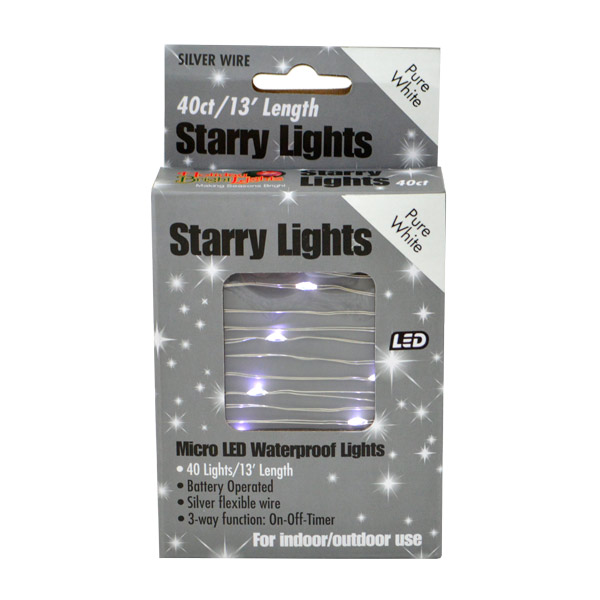 Micro LED Waterproof Pure White Lights, Silver Wire (40 Count)