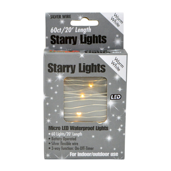Micro LED Waterproof Warm White Lights, Silver Wire (60 Count)