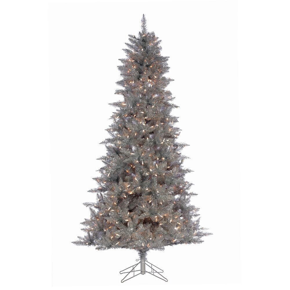 7.5' Silver Tinsel Christmas Tree, Pre-lit Clear Lights
